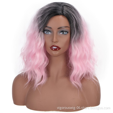 Vigorous 14 Inch Curly Wave Short Bob Wigs Ombre Light Pink Synthetic Cosplay Pastel Wig for Girl Costume Christmas Party